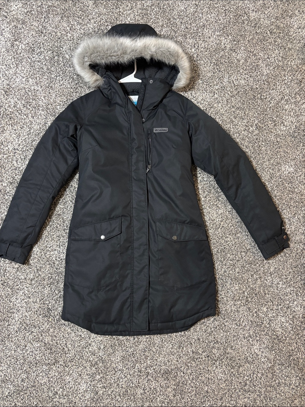 Columbia Black Hooded Puffer Coat with Faux Fur Trim